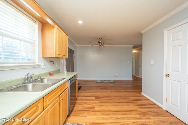 kitchen featuring light wood-type flooring, sink, crown molding, ceiling fan, and stainless steel dishwasher