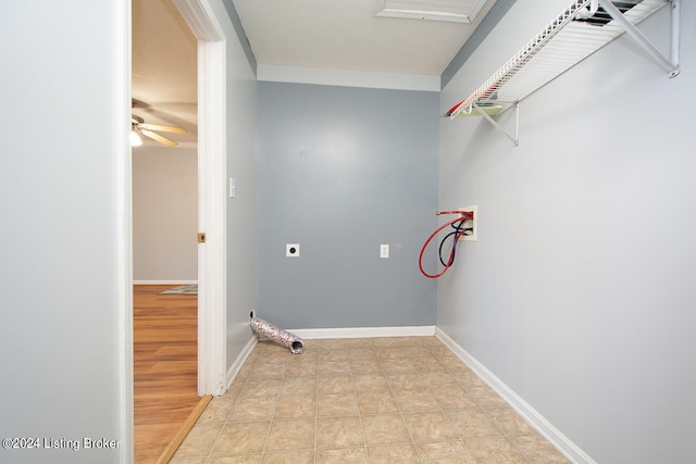 laundry room featuring washer hookup, ceiling fan, and electric dryer hookup