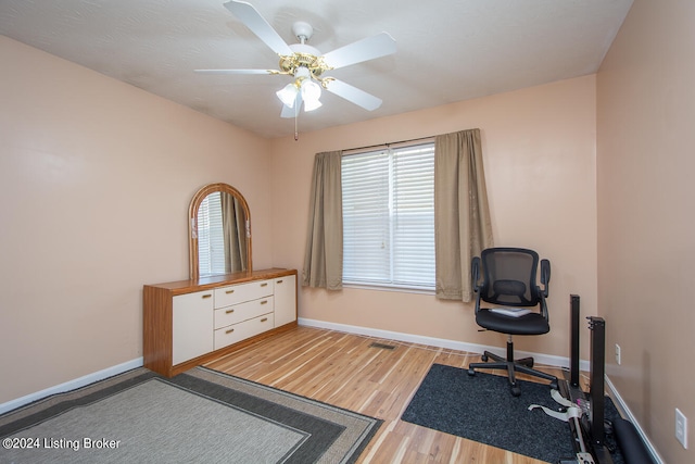 office space with ceiling fan, light hardwood / wood-style flooring, and plenty of natural light