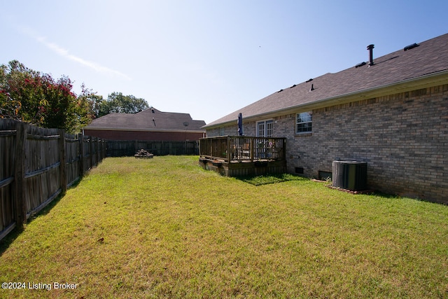 view of yard featuring a wooden deck and central air condition unit