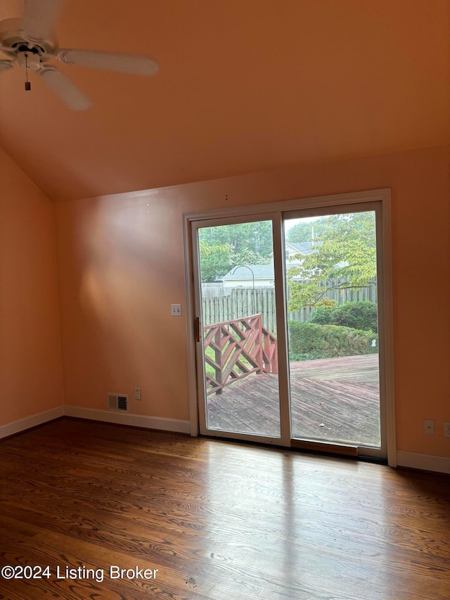 interior space featuring ceiling fan, lofted ceiling, and wood-type flooring