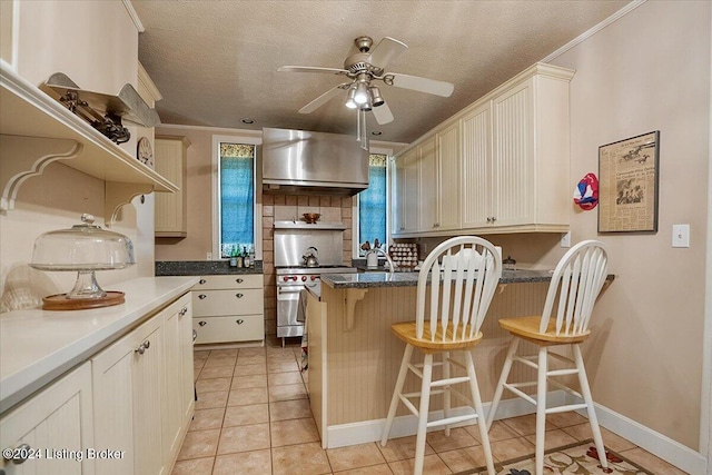 kitchen featuring light tile patterned floors, a kitchen breakfast bar, stainless steel stove, decorative backsplash, and exhaust hood