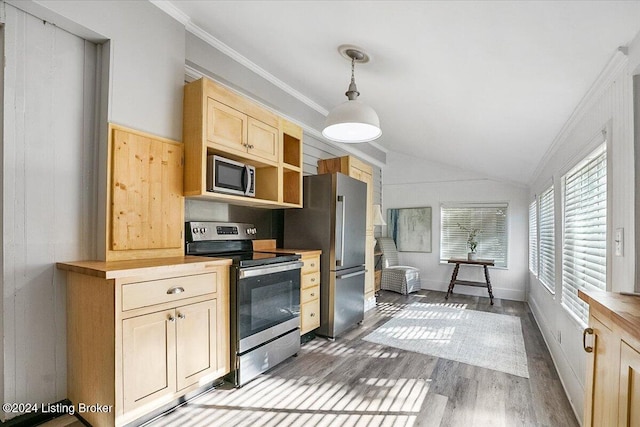 kitchen with appliances with stainless steel finishes, dark hardwood / wood-style floors, decorative light fixtures, vaulted ceiling, and light brown cabinets