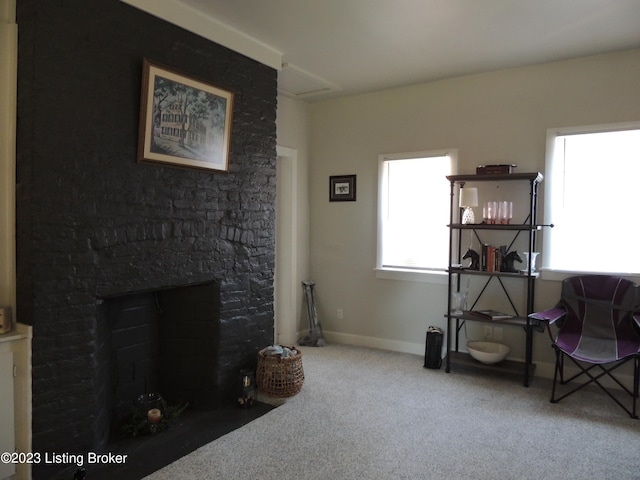 interior space with a fireplace and carpet