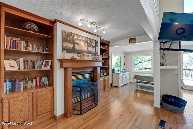 interior space featuring rail lighting, a textured ceiling, light wood-type flooring, and lofted ceiling