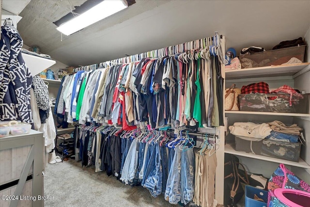 walk in closet featuring carpet flooring