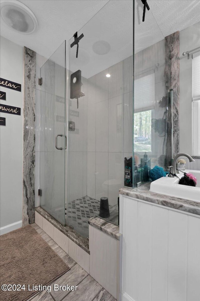 bathroom with vanity and walk in shower