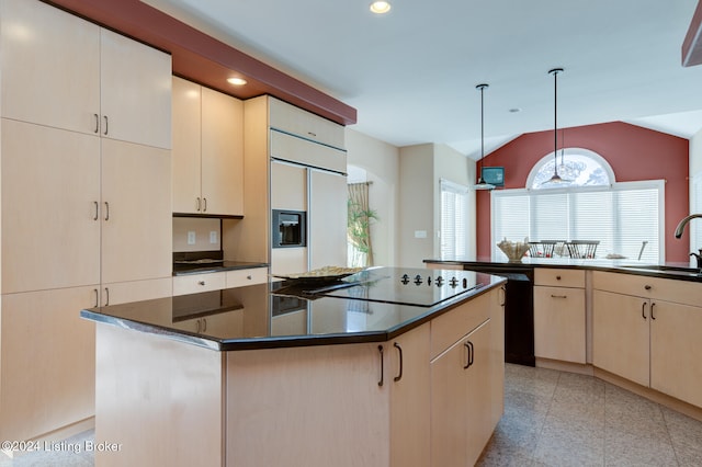 kitchen featuring a kitchen island, vaulted ceiling, light tile patterned floors, decorative light fixtures, and black appliances