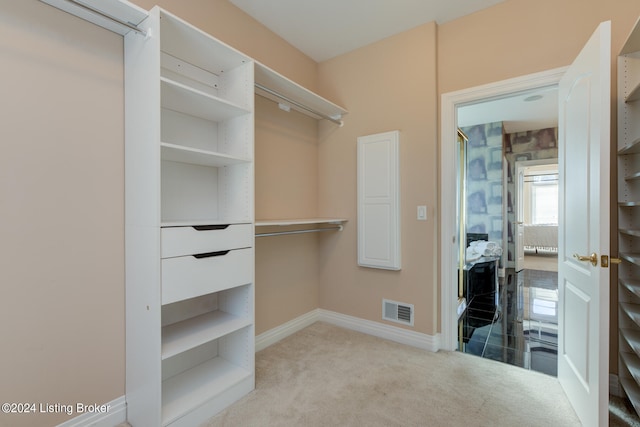 walk in closet with light colored carpet