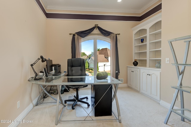 carpeted office with ornamental molding