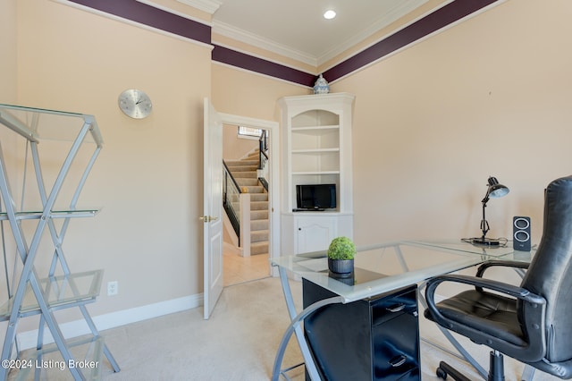 carpeted office featuring crown molding