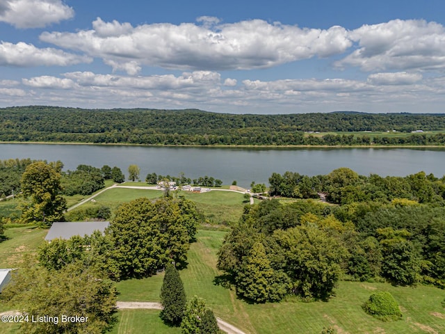 aerial view with a water view and a forest view