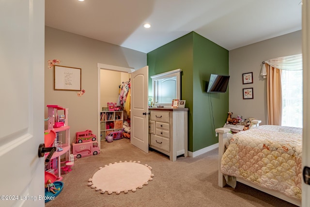 bedroom with light carpet, baseboards, and recessed lighting