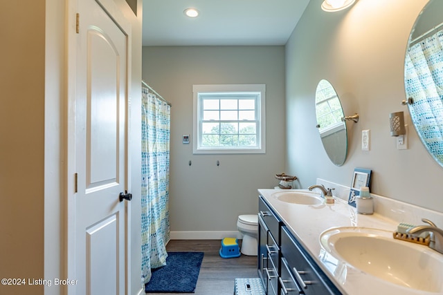 bathroom featuring double vanity, a sink, toilet, and wood finished floors