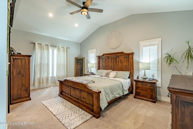 bedroom with recessed lighting, baseboards, vaulted ceiling, and light colored carpet