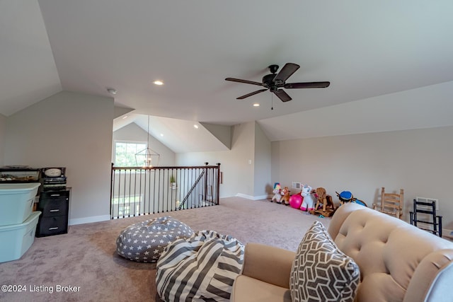 playroom with lofted ceiling, baseboards, carpet flooring, and recessed lighting