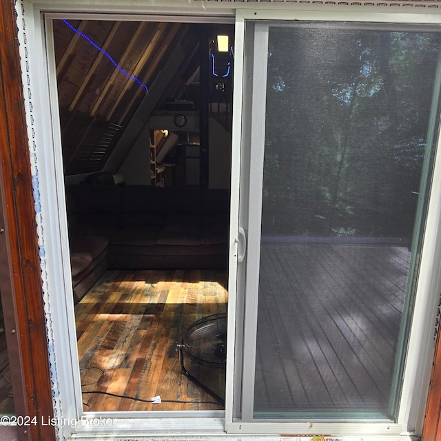 view of sauna featuring hardwood / wood-style flooring