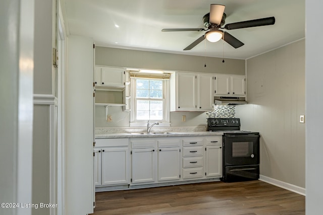 kitchen with ceiling fan, white cabinets, sink, black electric range, and dark hardwood / wood-style floors