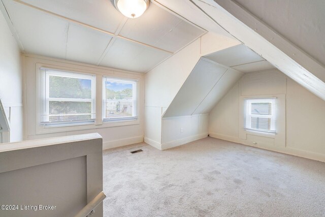 additional living space with vaulted ceiling and light colored carpet