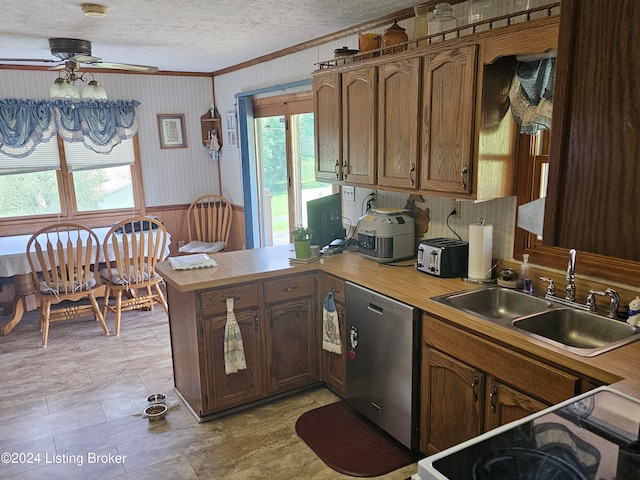 kitchen with a textured ceiling, stainless steel dishwasher, crown molding, sink, and ceiling fan