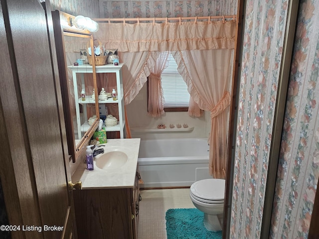 full bathroom with shower / bath combination with curtain, tile patterned flooring, toilet, and vanity