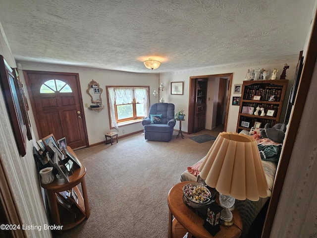 carpeted living room with a textured ceiling