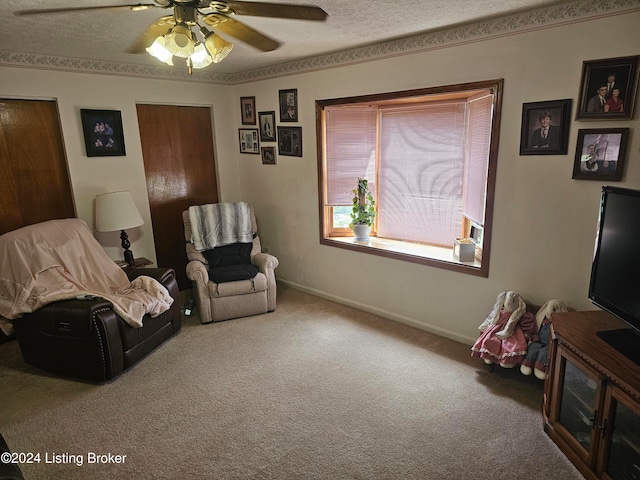 living area featuring ceiling fan, carpet, and a textured ceiling