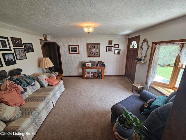 carpeted living room featuring a textured ceiling