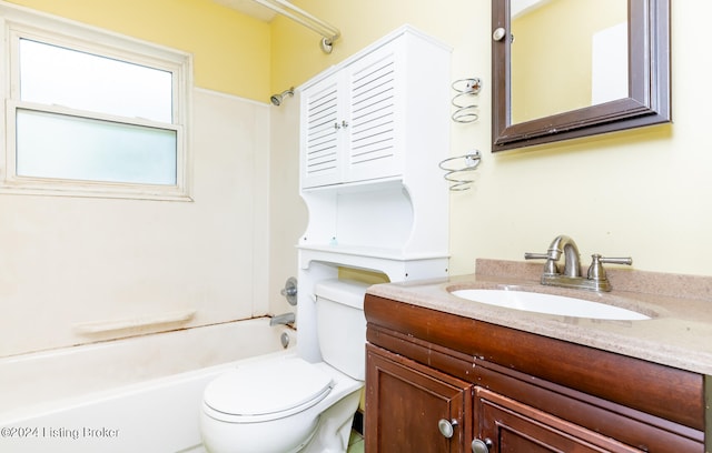 full bathroom with washtub / shower combination, vanity, and toilet