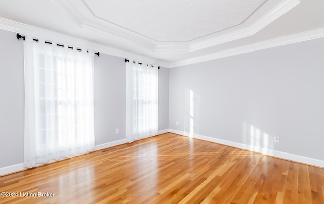 empty room with ornamental molding, hardwood / wood-style floors, and a raised ceiling