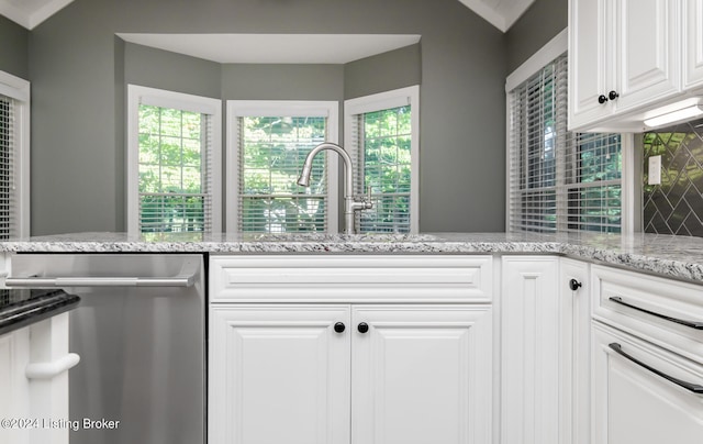 kitchen with white cabinetry, light stone counters, a wealth of natural light, and dishwasher