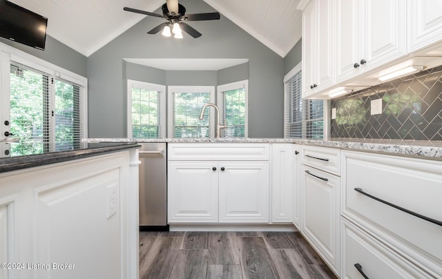 kitchen with dark wood finished floors, light stone counters, a sink, and white cabinetry