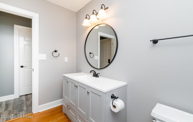 bathroom featuring vanity, toilet, and wood-type flooring