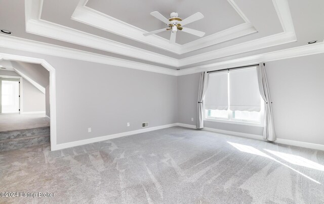 empty room with crown molding, ceiling fan, and a raised ceiling