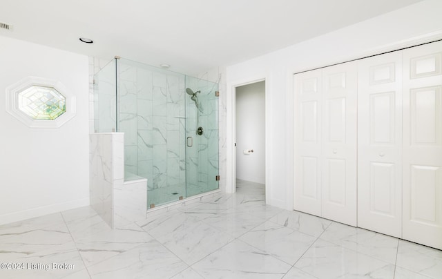 full bathroom with visible vents, baseboards, marble finish floor, a closet, and a marble finish shower