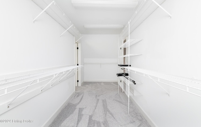 walk in closet featuring light carpet