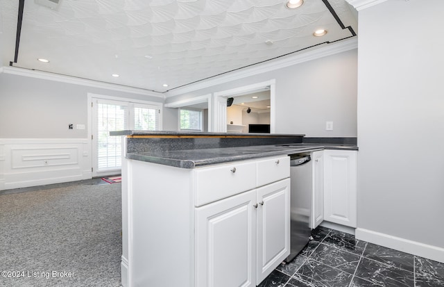 kitchen with kitchen peninsula, white cabinetry, dark carpet, dishwasher, and crown molding