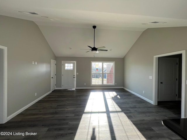 unfurnished living room with dark hardwood / wood-style floors, ceiling fan, and lofted ceiling