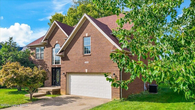 view of front facade featuring a garage, central AC, concrete driveway, and brick siding