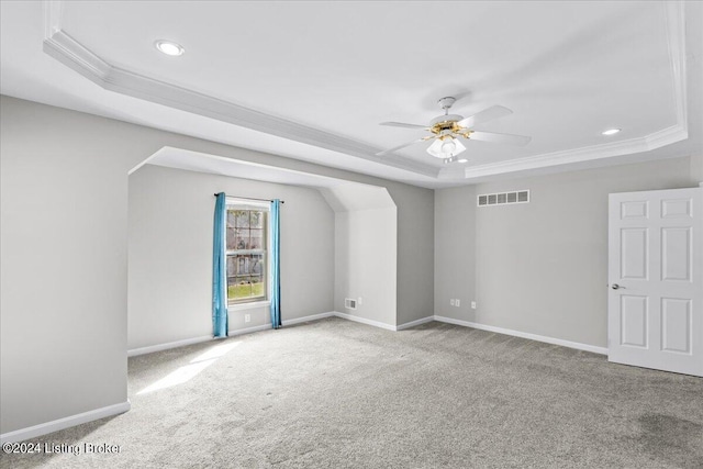 additional living space featuring baseboards, visible vents, a ceiling fan, carpet flooring, and recessed lighting