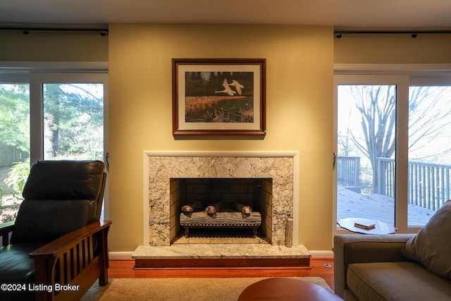 living area featuring hardwood / wood-style floors and a premium fireplace