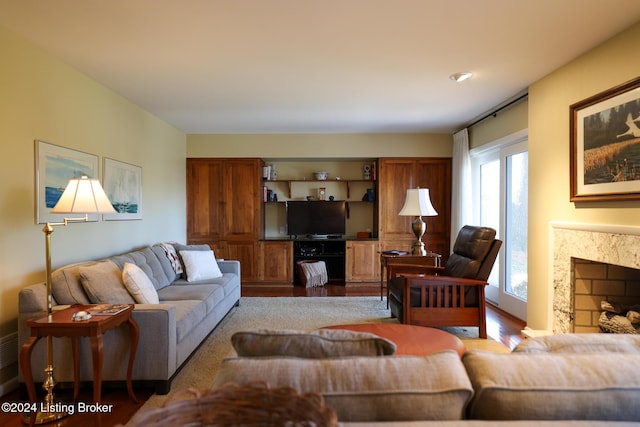 living room with a fireplace, light wood-type flooring, and a healthy amount of sunlight