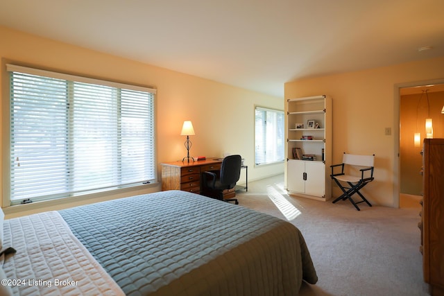 bedroom featuring light carpet