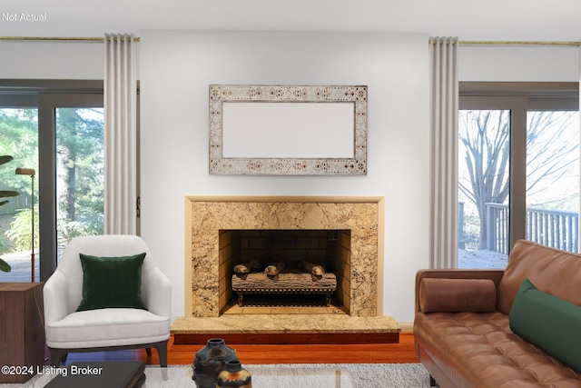 living area featuring a high end fireplace