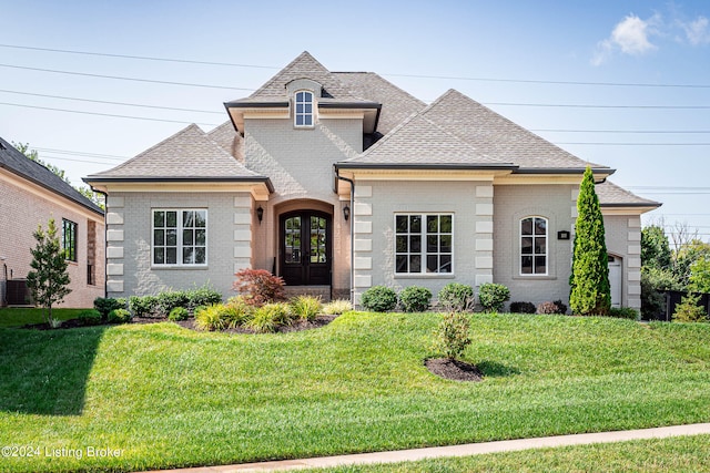 french country inspired facade with a front yard