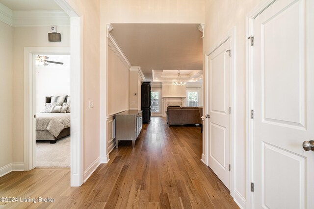 hallway with hardwood / wood-style flooring and ornamental molding