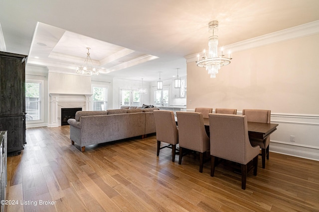 dining room featuring a healthy amount of sunlight, wood finished floors, a raised ceiling, and an inviting chandelier