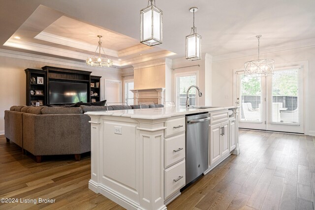 kitchen with stainless steel dishwasher, a tray ceiling, an island with sink, and light hardwood / wood-style flooring