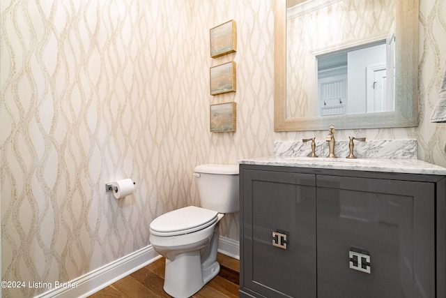 bathroom featuring vanity, toilet, and hardwood / wood-style floors