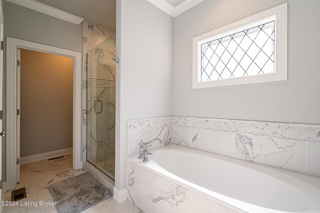 bathroom featuring tile patterned flooring, crown molding, and plus walk in shower